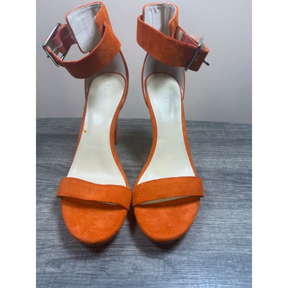Calvin Klein Women Orange Suede Ankle Strap Stiletto Heel Sandals Size 7.5